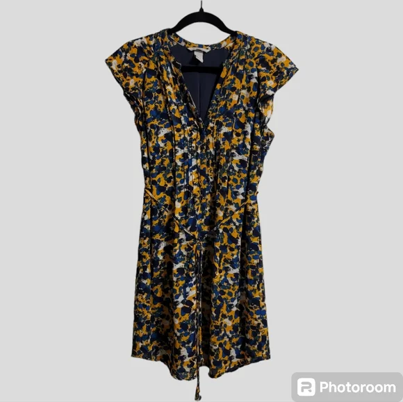 H&M Tunic Mini Dress Sz 8 Multi Abstract Flutter Sleeve V-Neck Pintucked Flowy - Picture 1 of 10
